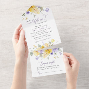Paarse bloemen, Gele bloemen, Boho, Baby shower All In One Uitnodiging