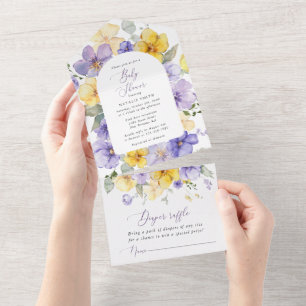 Paarse bloemen, Gele bloemen, Boho, Baby shower All In One Uitnodiging