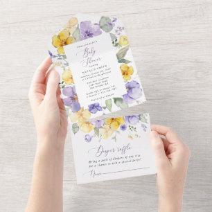 Paarse bloemen, Gele bloemen, Boho, Baby shower All In One Uitnodiging