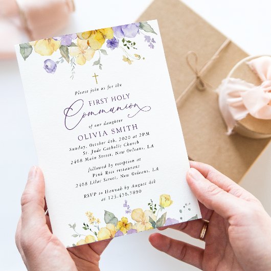Paarse Bloemen, Gele Bloemen, Boho, Communie Kaart