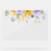 Paarse bloemen, gele bloemen, bruiloft welkom acryl bord (Voorkant)