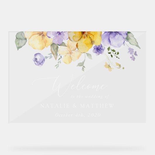 Paarse bloemen, gele bloemen, bruiloft welkom acryl bord (Voorkant)