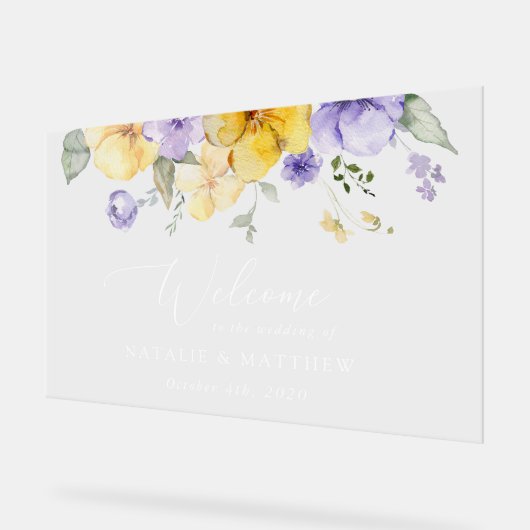 Paarse bloemen, gele bloemen, bruiloft welkom acryl bord (Hoek)