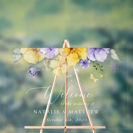 Paarse bloemen, gele bloemen, bruiloft welkom acryl bord (Neutraal)