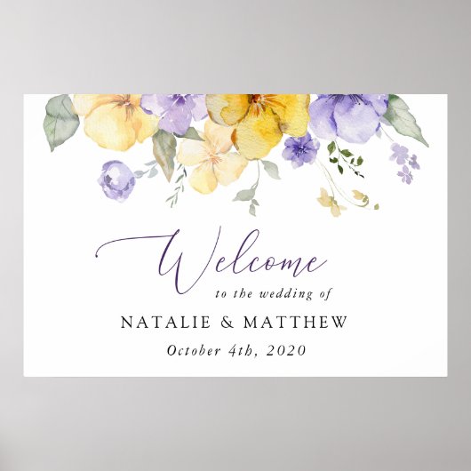 Paarse bloemen, gele bloemen, bruiloft welkom poster (Voorkant)