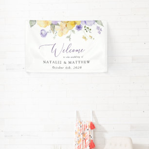 Paarse bloemen, gele bloemen, bruiloft welkom spandoek