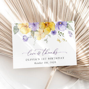 Paarse Bloemen, Gele Bloemen, Eerste Verjaardag Bedankkaart