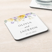 Paarse bloemen, gele bloemen, groen, bruiloft bier onderzetter (Linkerzijde)