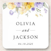 Paarse bloemen, gele bloemen, groen, bruiloft bier onderzetter (Voorkant)