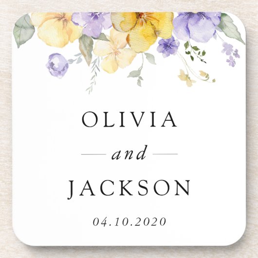 Paarse bloemen, gele bloemen, groen, bruiloft bier onderzetter (Voorkant)