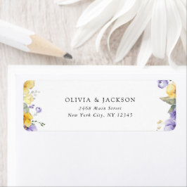 Paarse bloemen, gele bloemen, groen, bruiloft etiket