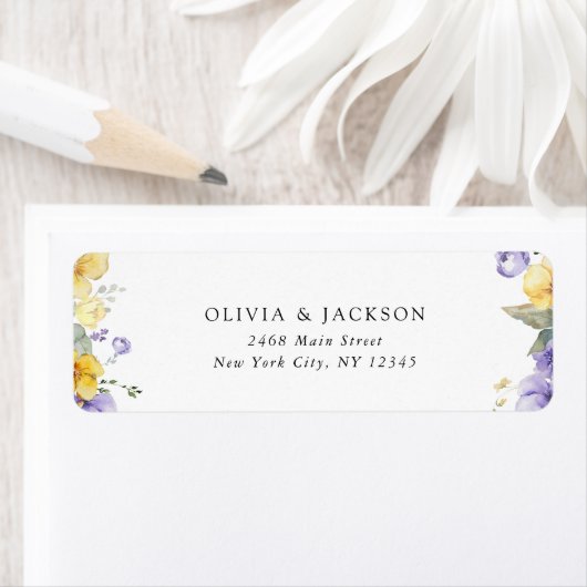 Paarse bloemen, gele bloemen, groen, bruiloft etiket (Insitu)
