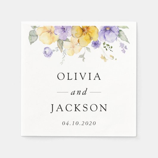 Paarse bloemen, gele bloemen, groen, bruiloft servet (Voorkant)