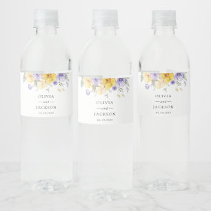 Paarse bloemen, gele bloemen, groen, bruiloft waterfles etiket