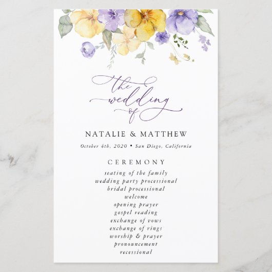 Paarse bloemen, gele bloemen, huwelijksprogramma (Voorkant)