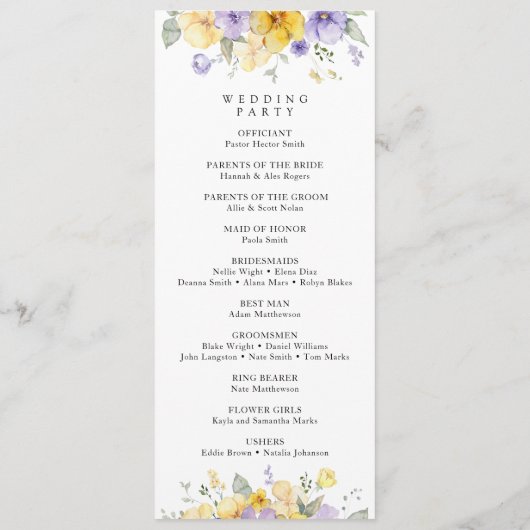 Paarse bloemen, gele bloemen, huwelijksprogramma programmakaart (Achterkant)