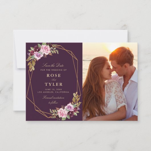 paarse bloemen geometrische save the date foto kaa (Voorkant)