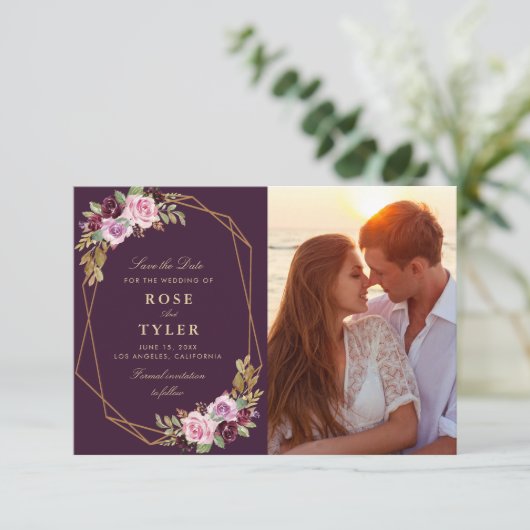 paarse bloemen geometrische save the date foto kaa (Staand voorkant)