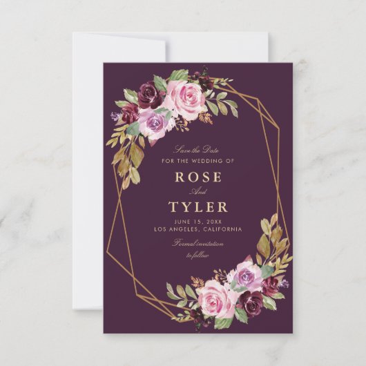 paarse bloemen geometrische save the date kaart (Voorkant)