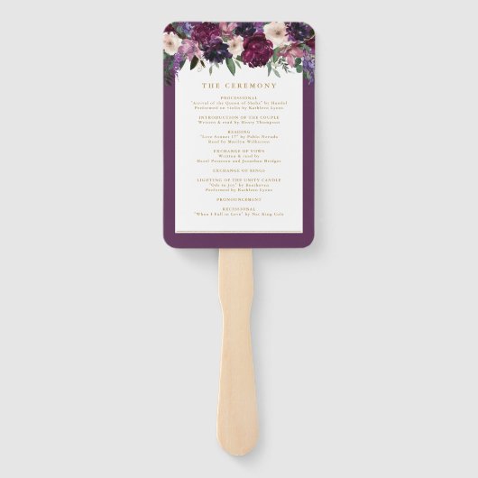 Paarse Bloemen | Gepersonaliseerd trouwprogramma Handwaaier (Achterkant)