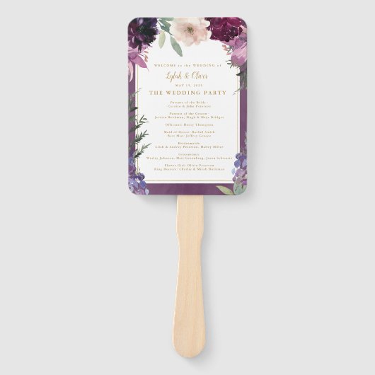 Paarse Bloemen | Gepersonaliseerd trouwprogramma Handwaaier (Voorkant)