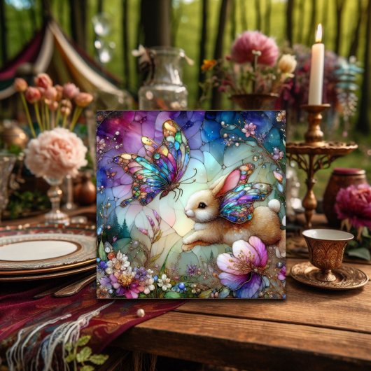 Paarse Bloemen Glas in lood Konijnenvlinder Pasen Feestdagenkaart