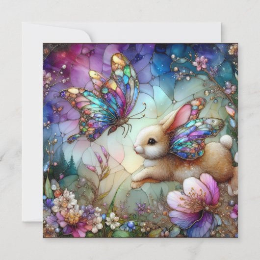 Paarse Bloemen Glas in lood Konijnenvlinder Pasen Feestdagenkaart (Voorkant)