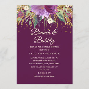 Paarse Bloemen Glitter Amethist Brunch en Bubbly Kaart