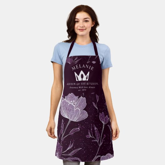 Paarse Bloemen Glitter Patroon Koningin van de Keu Schort (Gedragen)