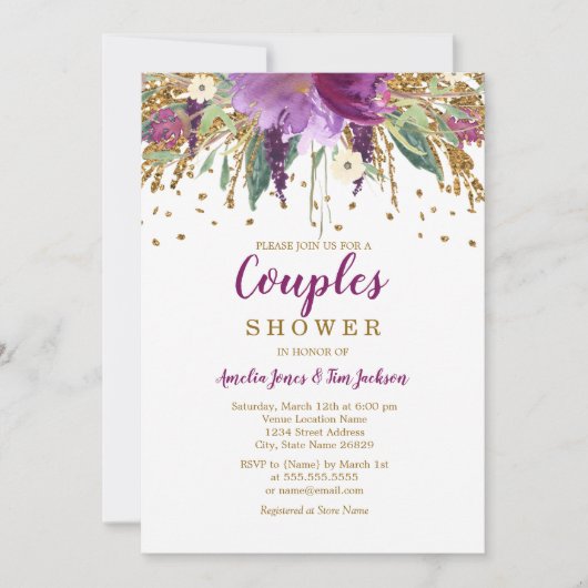 Paarse Bloemen Glitter Sprankelende Koppels Douche Kaart (Voorkant)