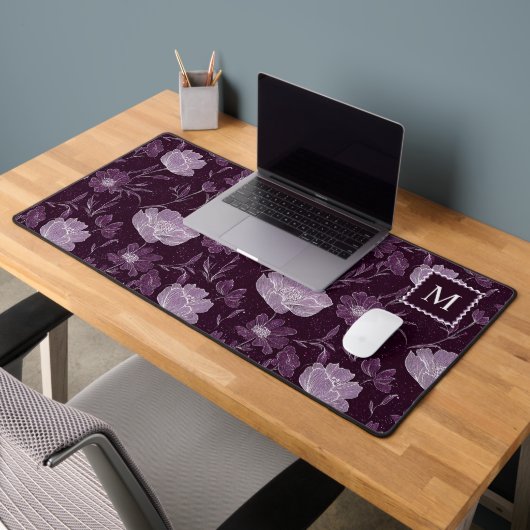 Paarse bloemen glitterpatroon monogram bureaumat (Kantoor 2)