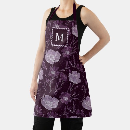 Paarse bloemen glitterpatroon monogram schort (Insitu)