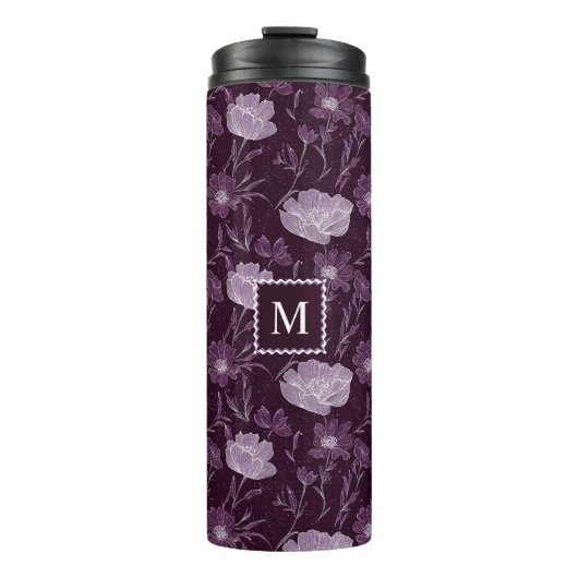 Paarse bloemen glitterpatroon monogram thermosbeker (Voorkant)