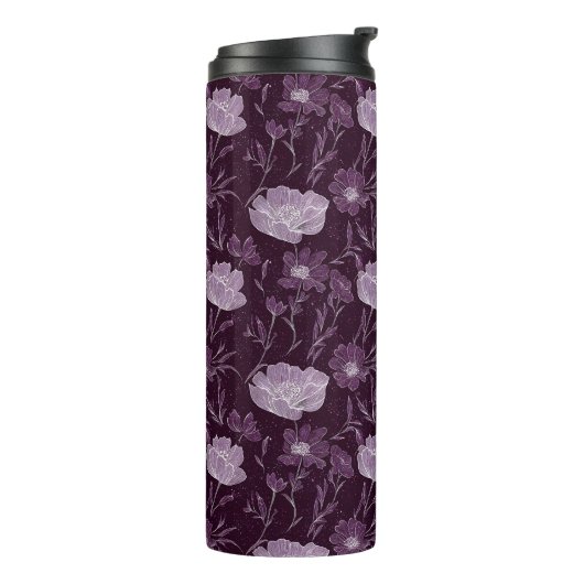 Paarse bloemen glitterpatroon monogram thermosbeker (Gedraaid links)