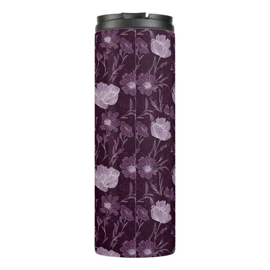 Paarse bloemen glitterpatroon monogram thermosbeker (Achterkant)