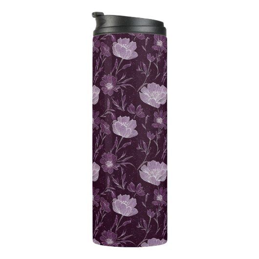 Paarse bloemen glitterpatroon monogram thermosbeker (Geroteerd rechts)