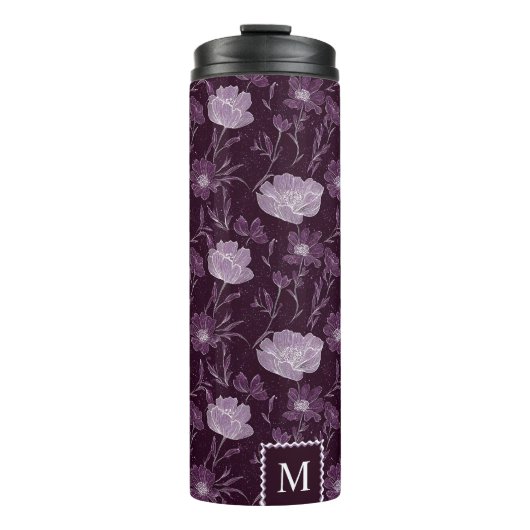 Paarse bloemen glitterpatroon monogram thermosbeker (Voorkant)