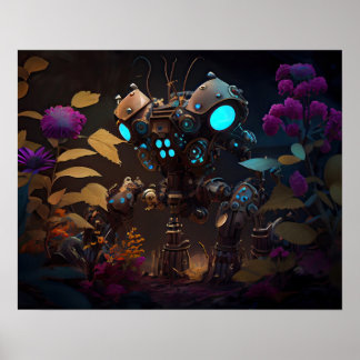 Paarse Bloemen & Gloeiende Ogen Robot Poster