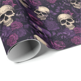 Paarse Bloemen Gothic Schedel Halloween Cadeaupapier
