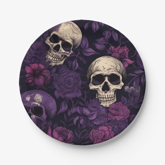Paarse Bloemen Gothic Schedel Halloween Papieren Bordje (Voorkant)