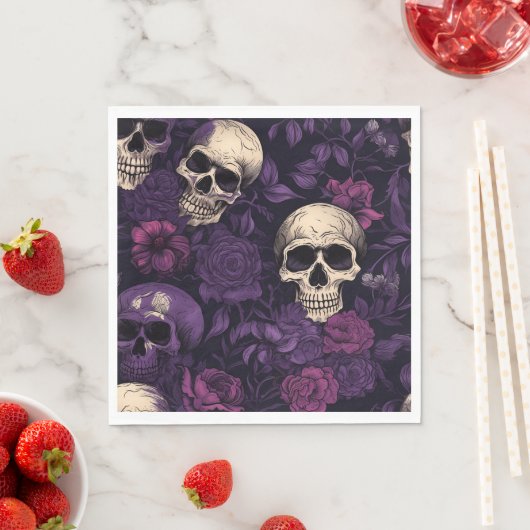 Paarse Bloemen Gothic Schedel Halloween Servet (Insitu)