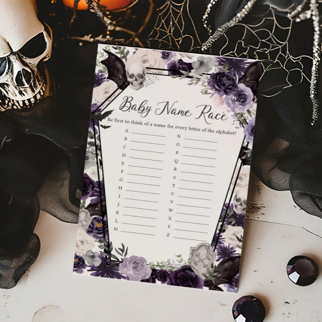 Paarse Bloemen Gotische Baby Naam Race Game (Floral Gothic Coffin Baby Shower Baby Name Race Game)