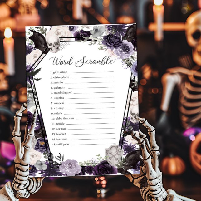 Paarse Bloemen Gotische Woord Scramble spel (Floral Gothic Coffin Baby Shower Word Scramble Game)