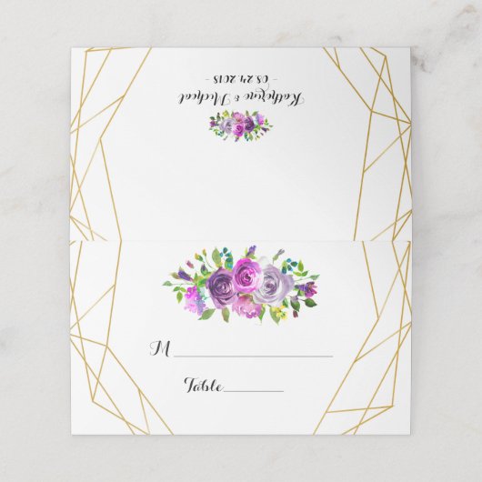 Paarse Bloemen Goud Geometrische Tafel Plaats Kaar Plaatskaartje (Buitenkant ongevouwen)
