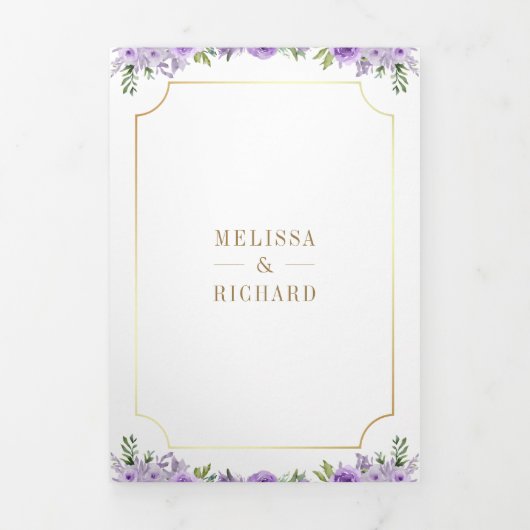 Paarse Bloemen Goud Katholiek Kruis QR Code Huweli Drieluik Uitnodiging (Cover)