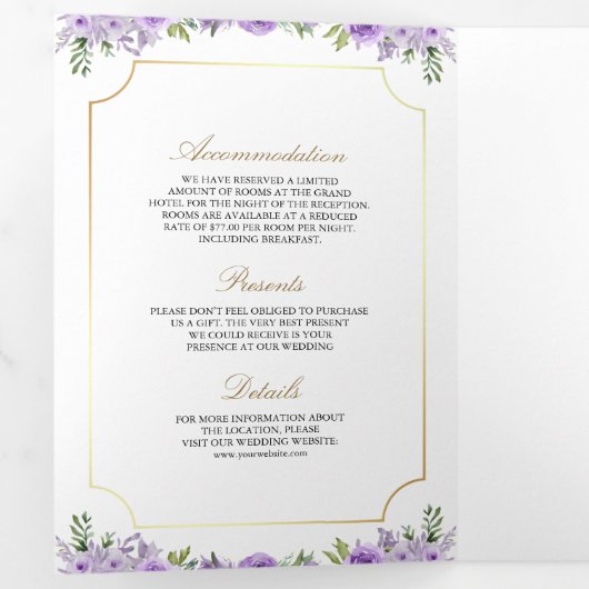 Paarse Bloemen Goud Katholiek Kruis QR Code Huweli Drieluik Uitnodiging (Binnenzijde eerst)