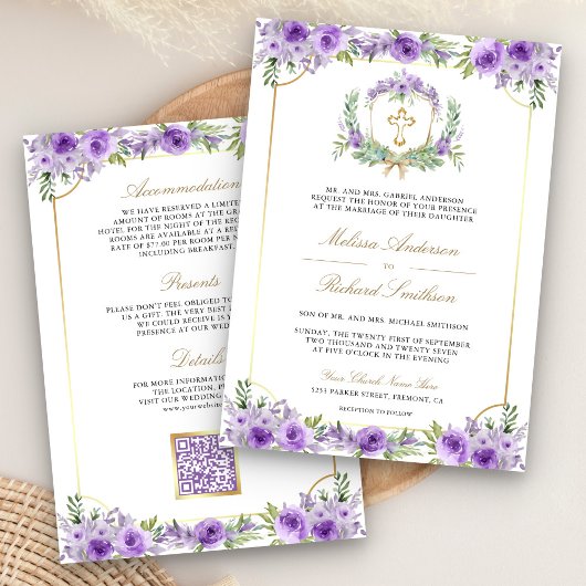 Paarse Bloemen Goud Katholiek Kruis QR Code Huweli Kaart