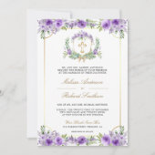 Paarse Bloemen Goud Katholiek Kruis QR Code Huweli Kaart (Voorkant)