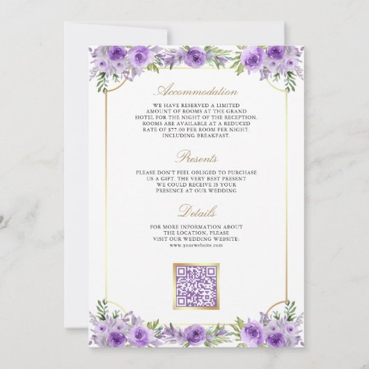Paarse Bloemen Goud Katholiek Kruis QR Code Huweli Kaart (Achterkant)