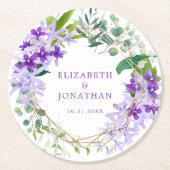 Paarse Bloemen Goud Lijst bruiloft Ronde Kartonnen Onderzetter (Voorkant)